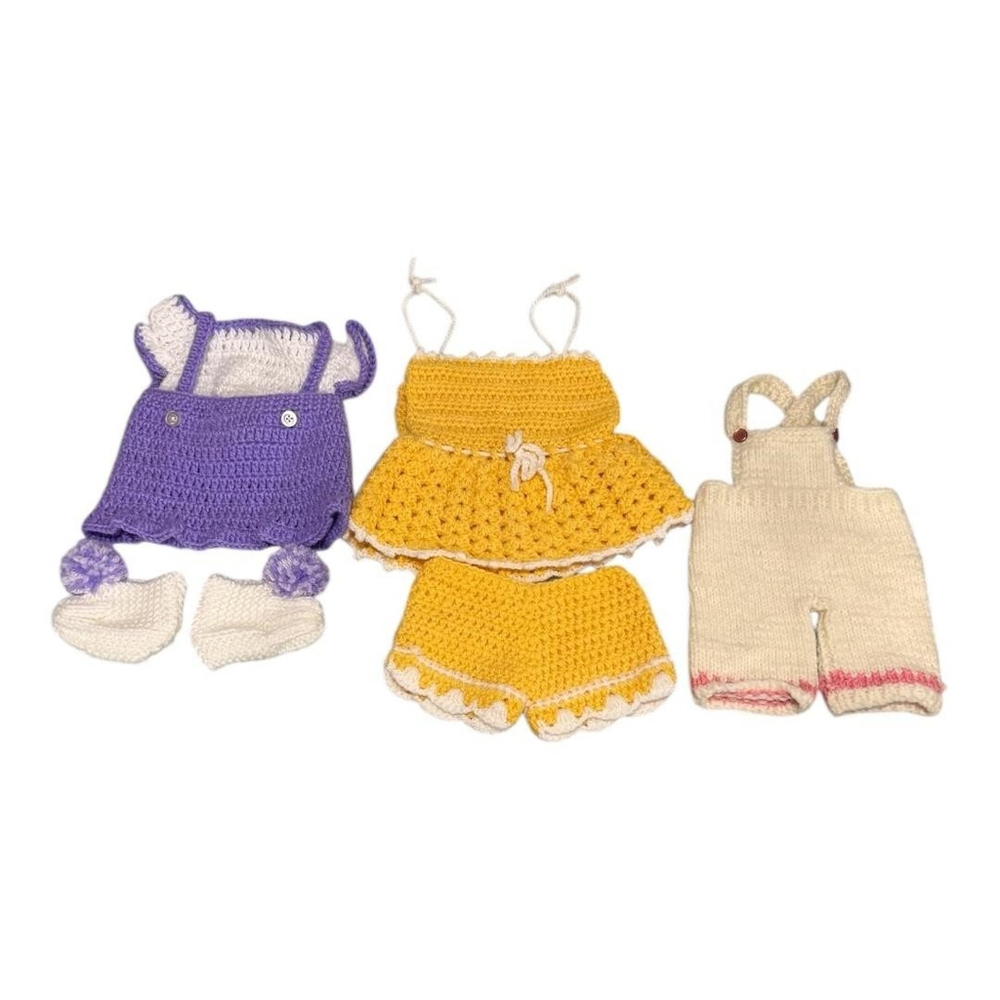 Handmade Crochet Doll Clothes Lot Yellow Purple Outfits Dress Shorts Overalls